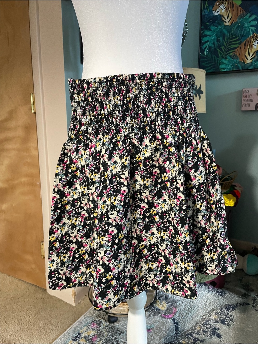 H&M Black Floral Smocked-Waist Skater Skirt with Pink & Yellow